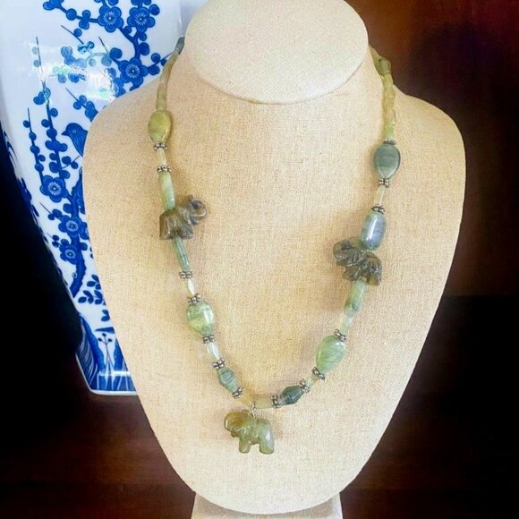 Vintage Jewelry - 💜 Vintage Jade Carved Elephant Necklace 19" With Silvertone Spacer Beads Floral